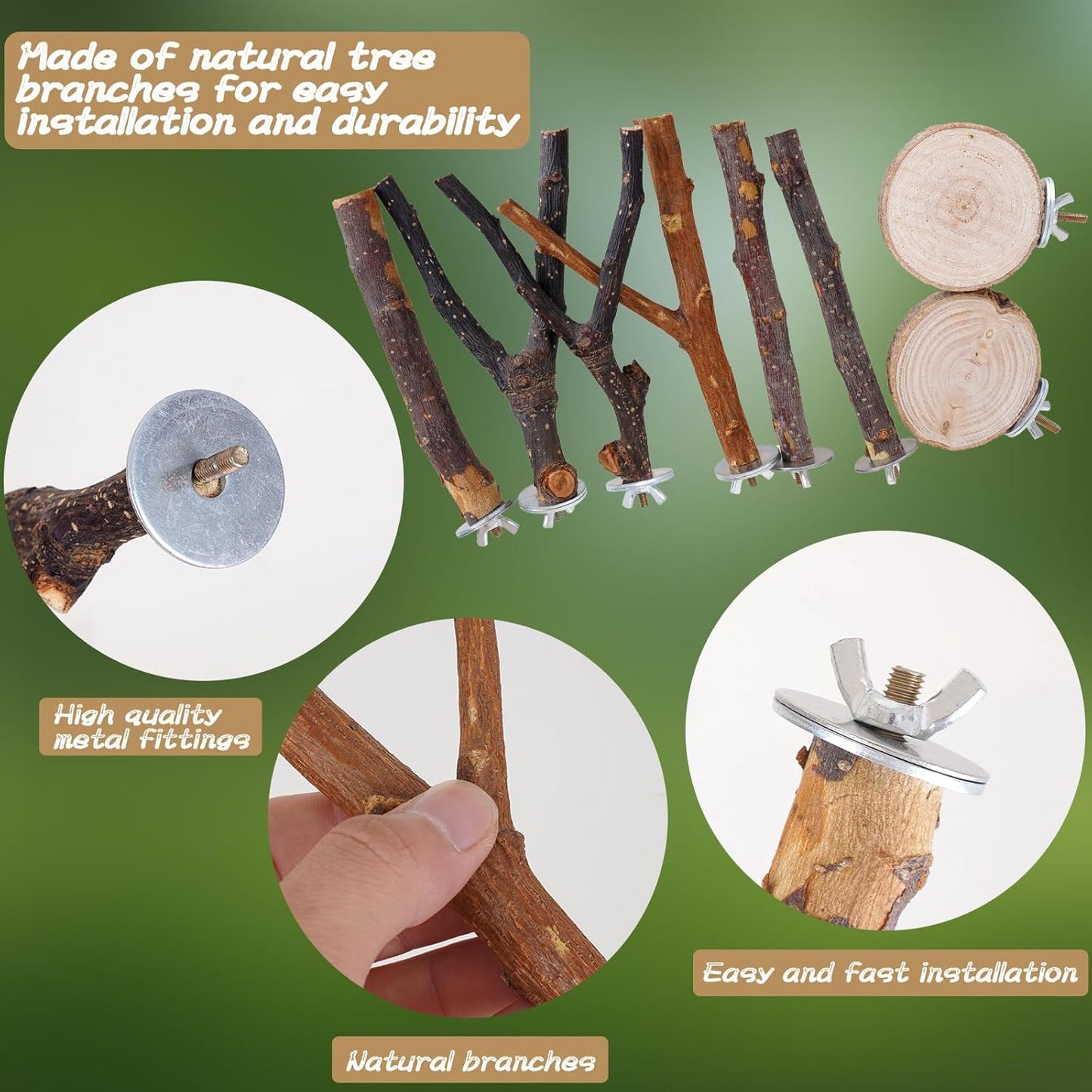 Libiline 8 Pieces Bird Perch Natural Wooden Parrot Perch Stand Fork Toys Hanging Multi-Branch Perches Platform Hammock Swing Toy for Macaws, Small Parakeets, Conures, Budgies, Finches (A-Color, Mix)