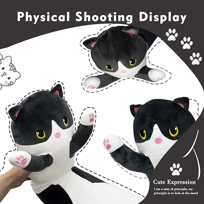 Long Cat Plush Pillow, 19.6in Cute Black Cat Plushie Stuffed Animals Body Pillow, Kawaii Kitten Soft Plushie Doll Toy Birthday Gift for Kids Girlfriend