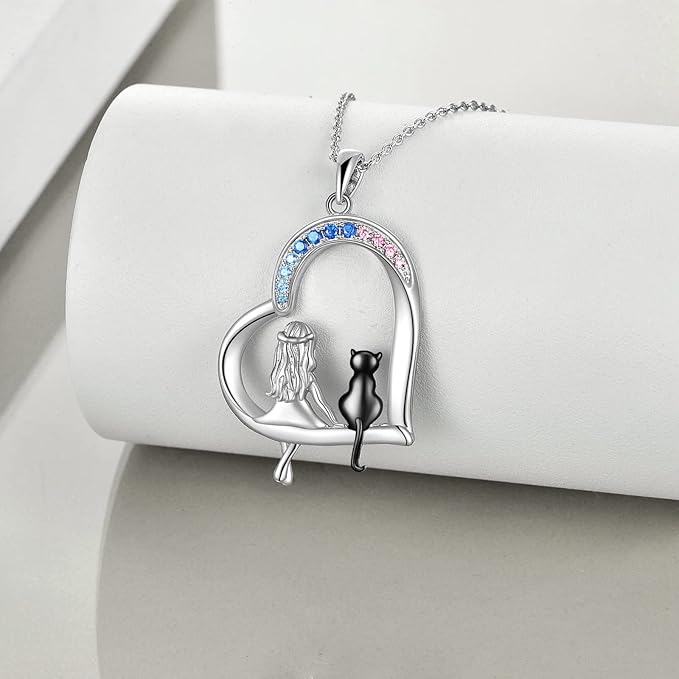 LUHE Cat Necklace Gifts 925 Sterling Silver Black Cat Heart Pendant Necklace Jewelry for Women Daughter