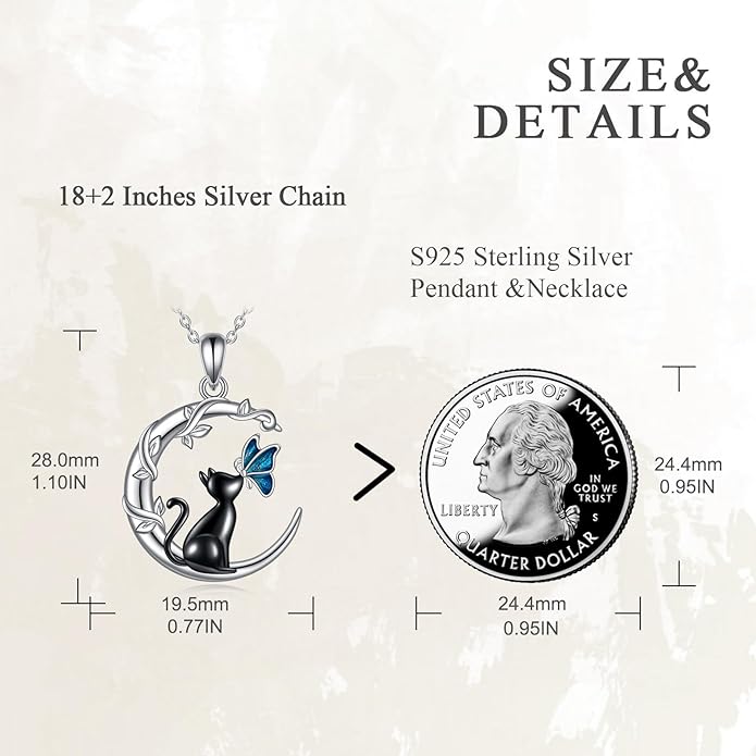 TIGER RIDER Moon Cat Necklace 925 Sterling Silver Blue Butterfly Black Jewelry Gifts Birthday Christmas Gifts for Women Wife Cat Lovers