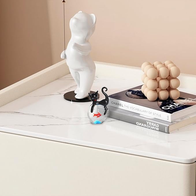 QFkris Blown Glass Black Cat Figurine, Mini Glass Animals Sculpture, Cat and Fish Art Collectible Figurines for Home Decor, Gift for Mom Cat-Lover Birthday Christmas