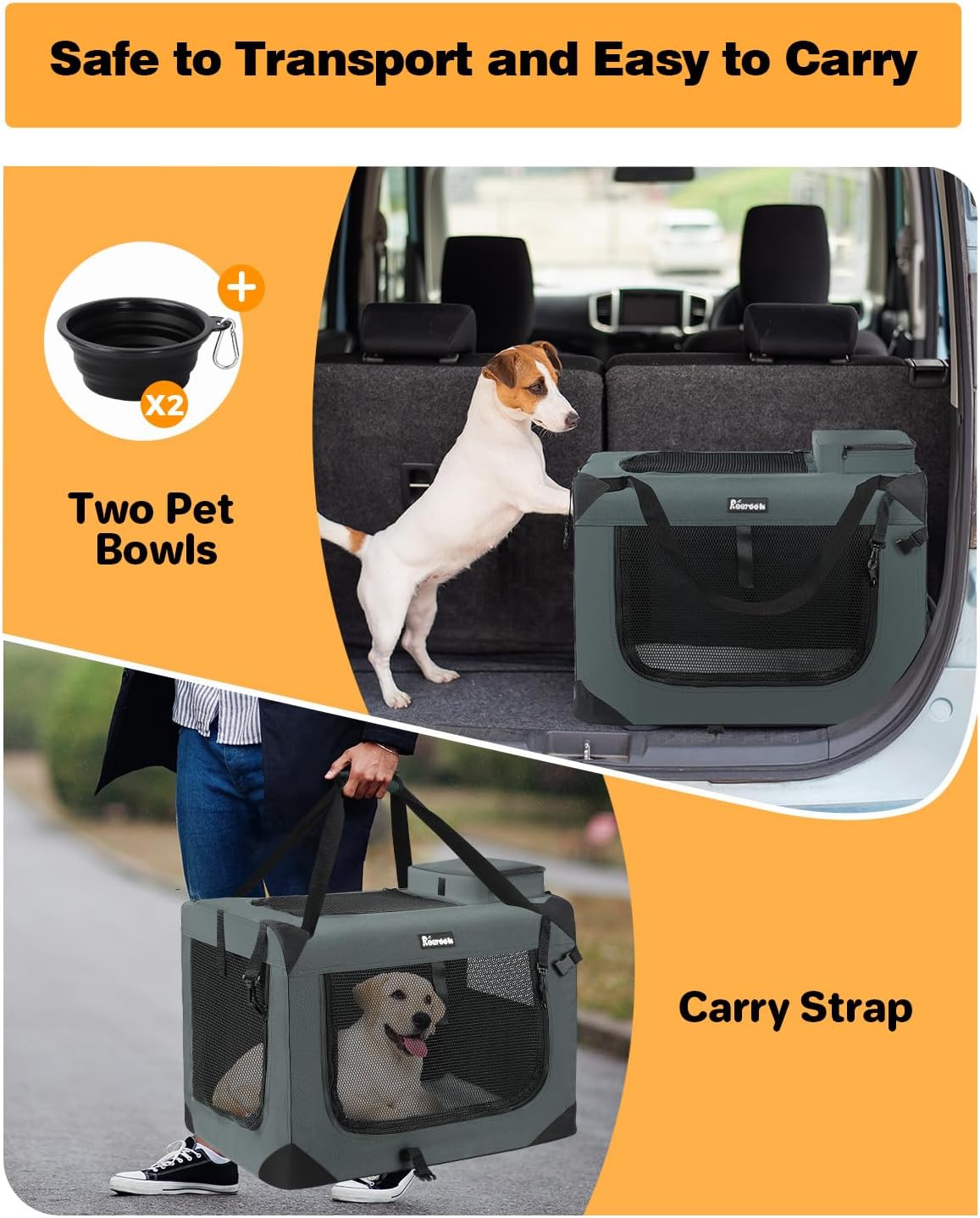 Extra Large Dog Crate with 2 Foldable Bowl, 36 Inch Collapsible Travel Dog Crate Kennel with Soft Blanket for Medium Dogs,Indoor & Outdoor (36" L x 25" W x 25" H, Grey)