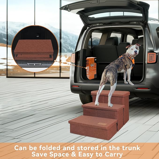 Dog Stairs with Condo 18" H, 3-Step Wider Dog Steps for High Beds Couch, Folding Storage Pet Stairs Gift for Small/Medium/Large Old Dogs Cats, Ramp for Climbing Car Up to 200 lbs, Brown