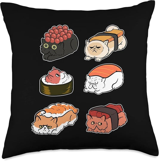 Sushi Cat Anime Figure Japanese Noodles Ramen Sixpack Throw Pillow