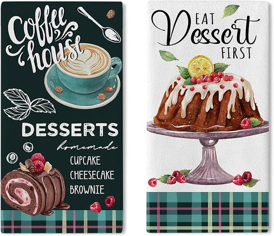Eat Dessert First Kitchen Dish Towels Set of 2, Coffee House Drying Hand Towels Cupcake Cheesecake Brownie Baking Cooking Cloth, Plaid Farmhouse Home Kitchen Decoration 18 x 26 Inch