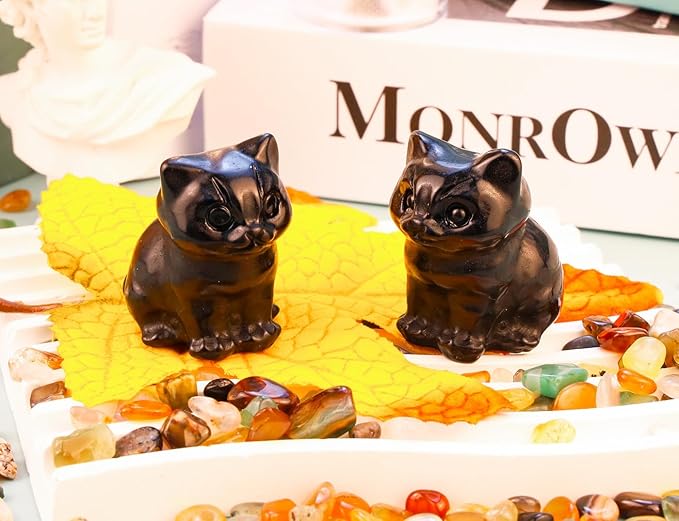 DUQGUHO Cat Decor Black Obsidian Cat Crystal Figurines Crystals Gifts for Cat Lovers Men Women Lucky Cute Cat Statue for Room Desk Decor 1PC