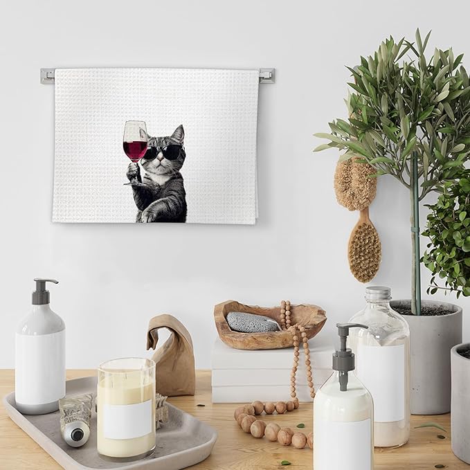 Flicy Funny Cat Kitchen Towels, Cat Bar Dish Towels, Gifts for CatWine Lovers Decorative Hand Towel Bar Towel for Kitchen Home Bar, CatKitchen Accessories, FunnyCat Wine Home Bars Decor(16x24lnch)