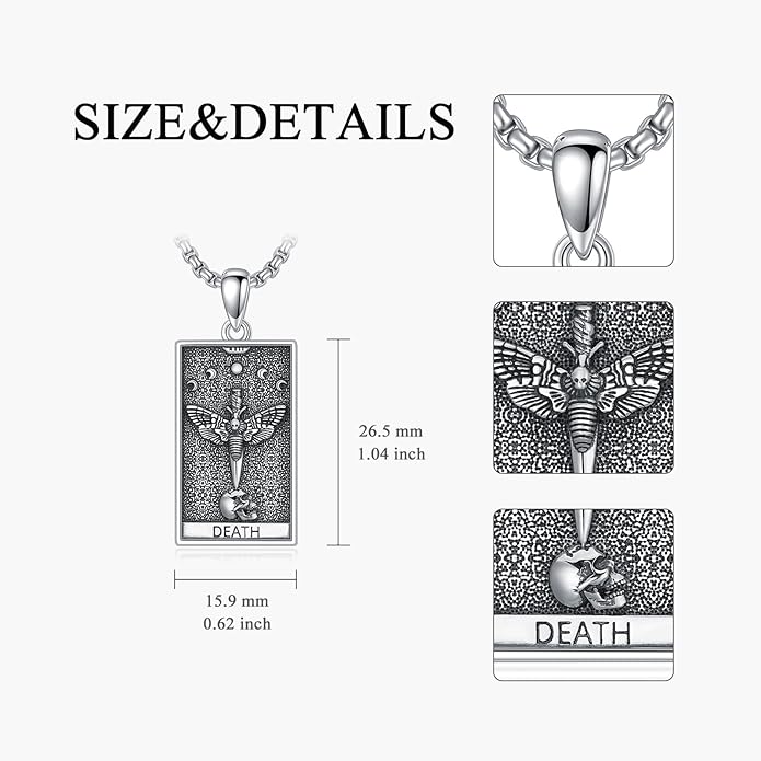 PELOVNY Tarot Card Necklace 925 Sterling Silver Skeleton Necklace The Sun Moon Star Strength Lovers Death Devil Fool Tarot Jewelry Christmas Birthday Gifts for Men Women Unisex