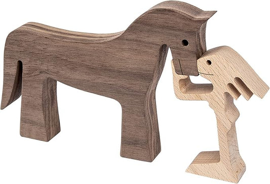 ISHINE Handmade Wooden Horse Sculptures Handmade Accents Craft Figurine for Home Decor Accents,Woman and Horse Wooden Statue,Animal Sculptures Collection,Gift for Horse Lover