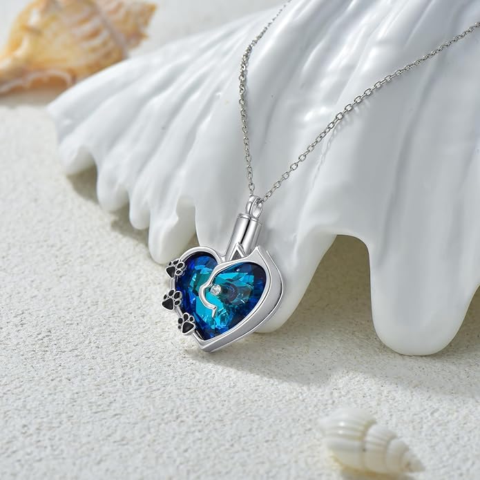 Cat Urn Necklace for Ashes 925 Sterling Silver Cremation Keepsake Memorial Jewelry for Ashes with Blue/Deep Purple Heart Crystal from Austria Keepsakes Memorial Necklaces Meaningful Gifts