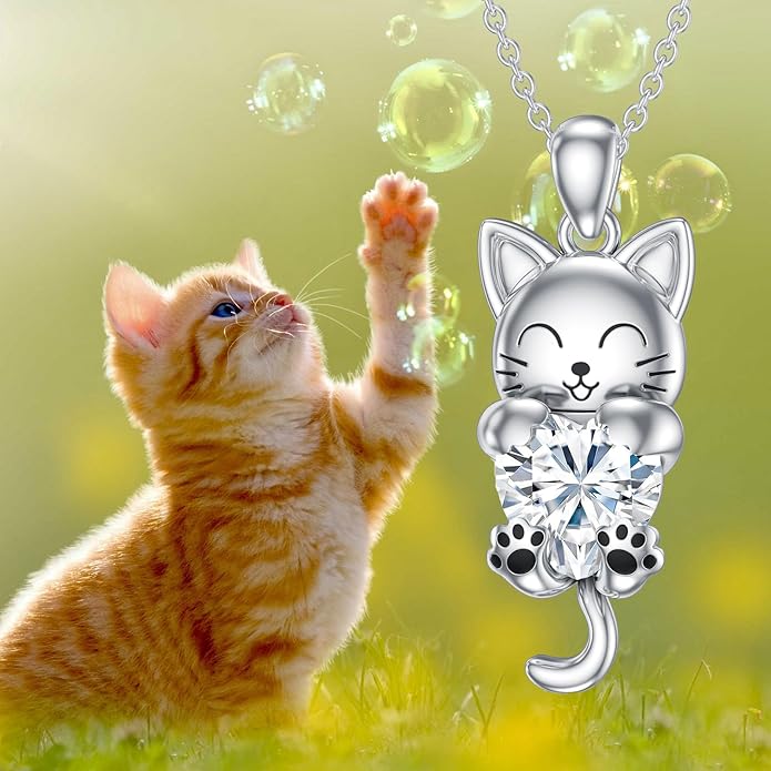 LONAGO Cat Necklace with Heart Birthstone Cat Pendant Necklace Sterling Silver Gifts for Women