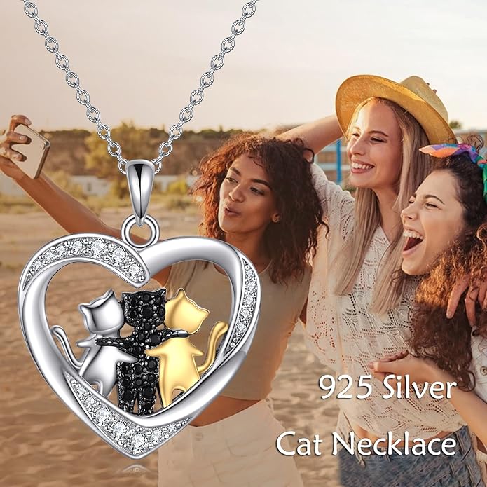Cat Necklace Sterling Silver Cat Pendnat with Rose Quartz Pearl Jewelry Gifts for Women Cat Lovers