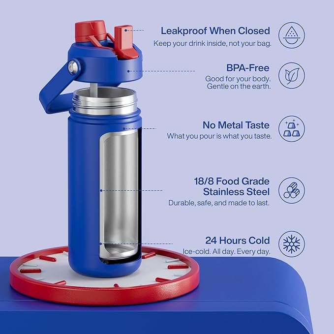 Insulated Water Bottle with Straw Stainless Steel Water Bottle, Leak-Proof, BPA-Free, Double Wall Vacuum Keeps Cold for 24 Hours for Sports, Travel, School (18 oz, Beaucoup Blue)