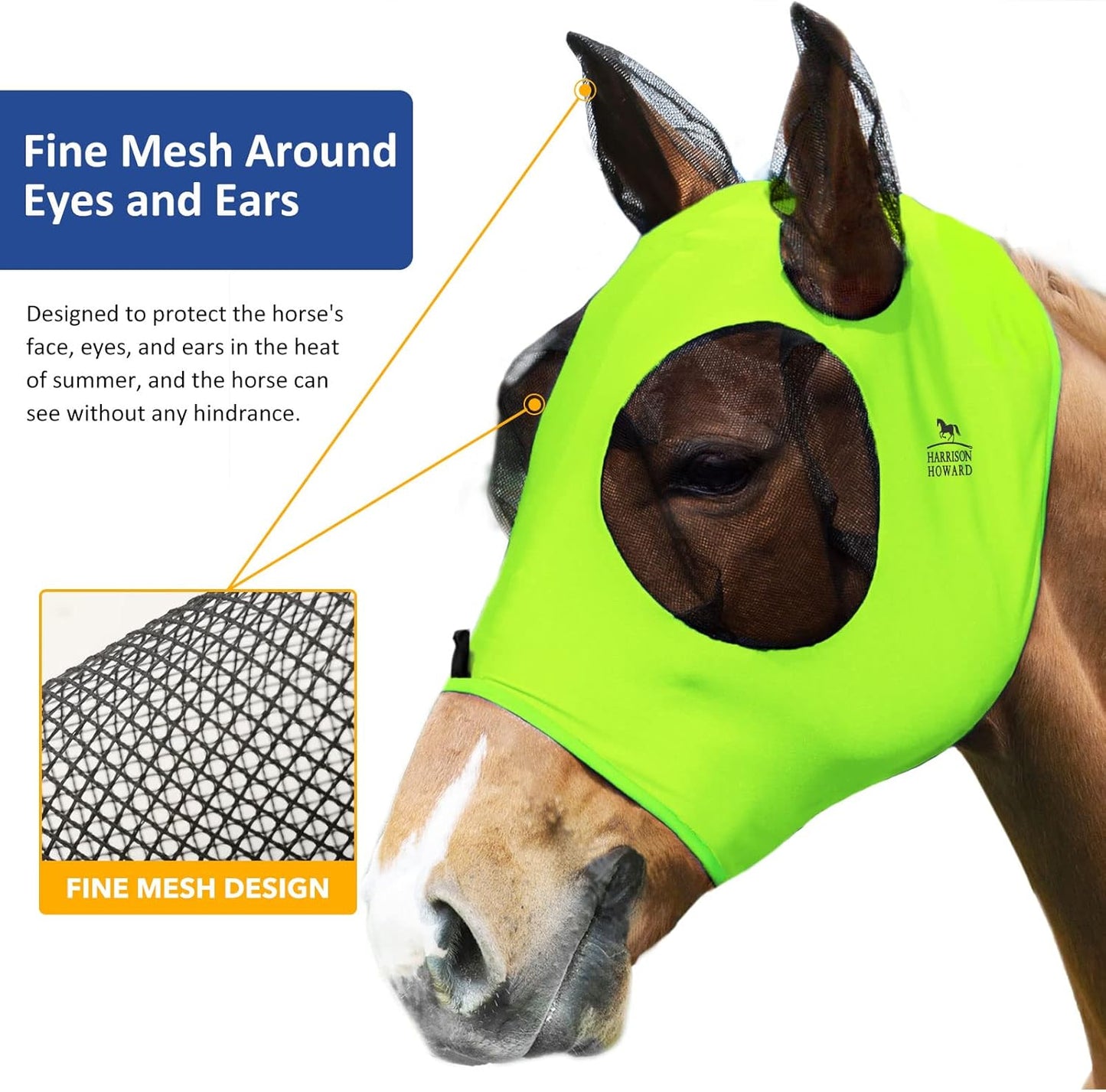 Harrison Howard Super Comfort Stretchy Fly Mask Large Eye Space with UV Protection Soft on Skin with Breathability Fluro Lime Full Size