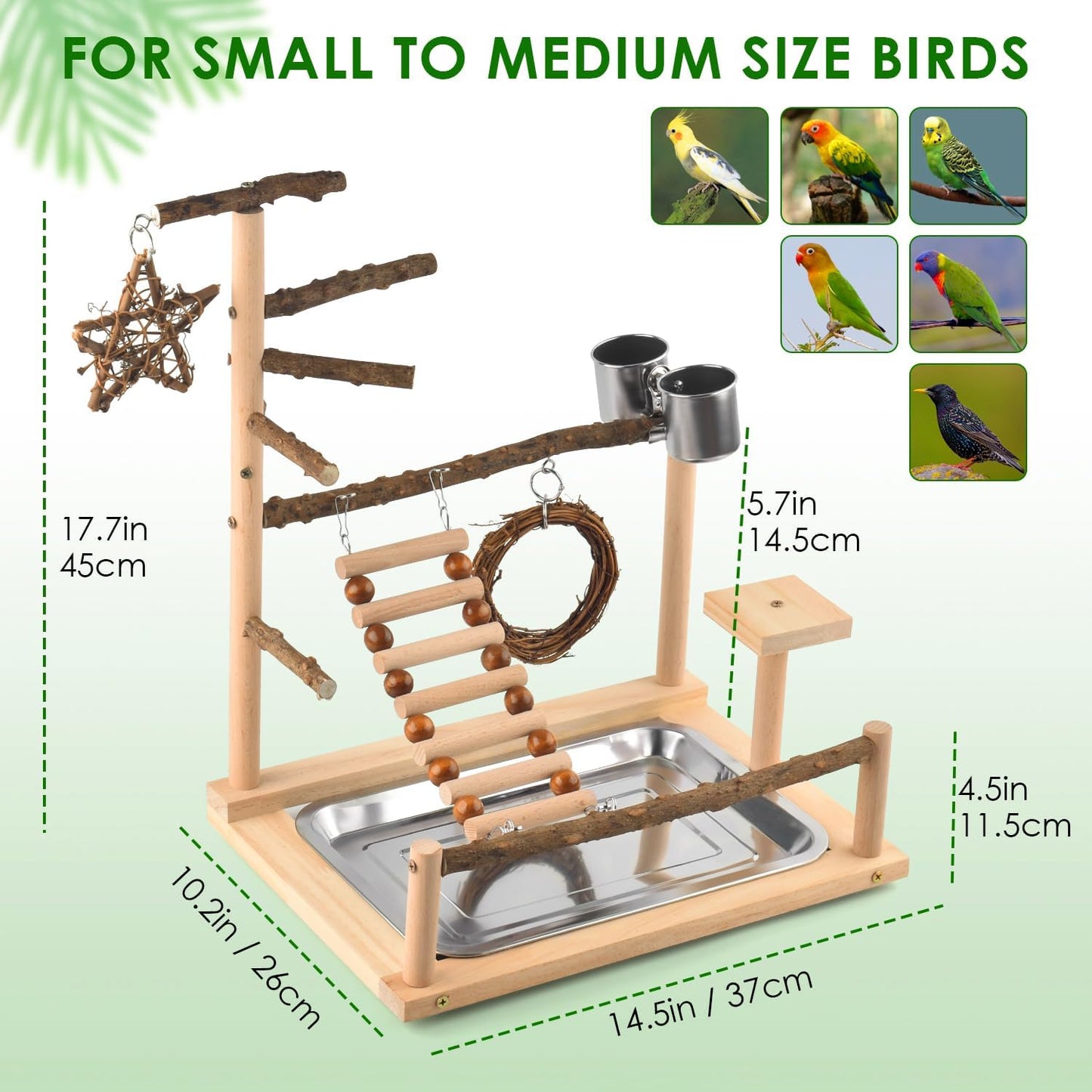 KATUMO Bird Playground - Natural Wooden Perches Parakeet Ladder Conure Swing Bird Cage Accessories with Removable Tray & 2 Stainless Steel Cups