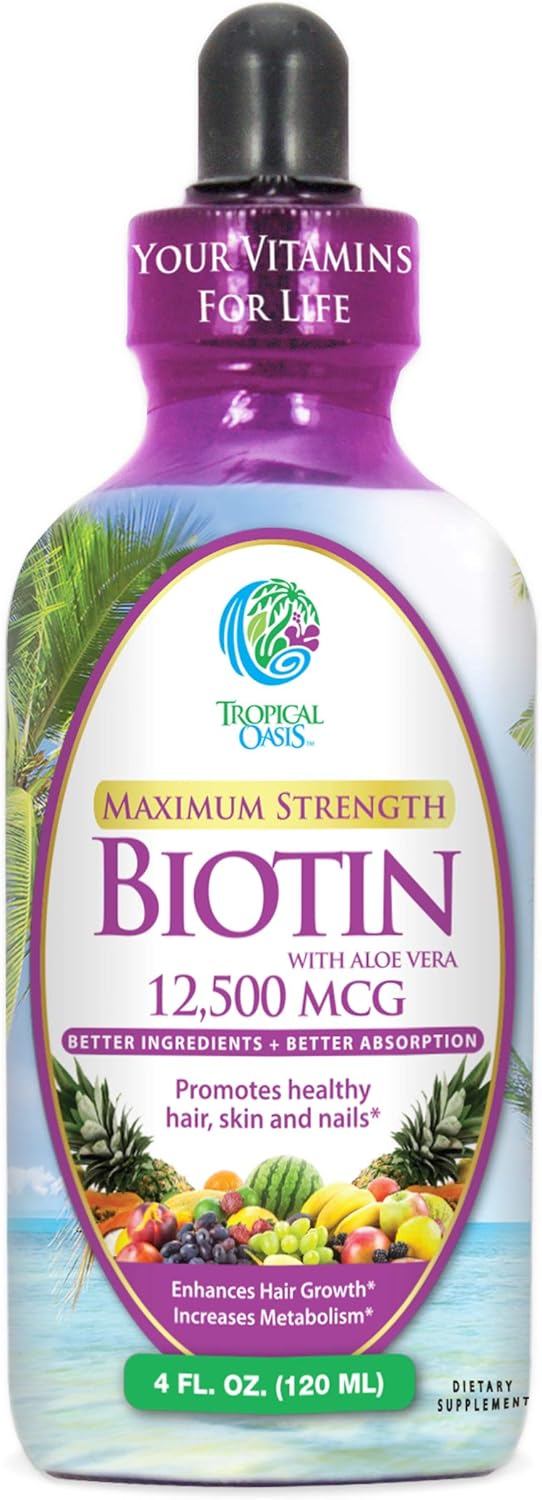 Maximum Strength Liquid Biotin Drops w/ 12,500 MCG – Best Vitamins for Fast Hair Growth, Reduced Hair Loss, Healthy Skin & Strong Nails -5X More Potent Than Pills– Max Absorption, Vegan– 4oz, 30 Serv