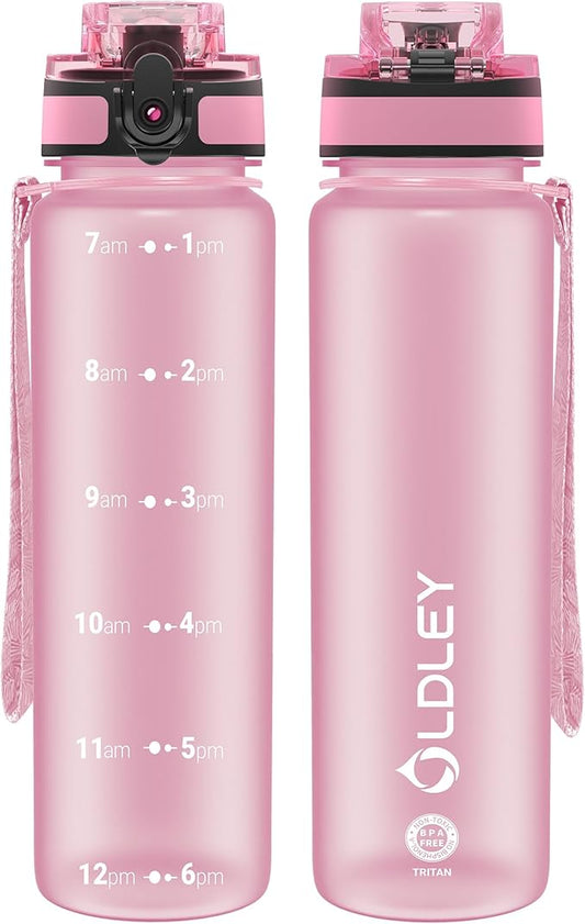 OLDLEY 32 oz Water Bottle, Motivational Water Bottle with Time Marker, Sports Water Bottle With Strap, Leakproof & BPA Free Large Water Bottles for School, Gym, Travel, Outdoor, Tritan,Pink