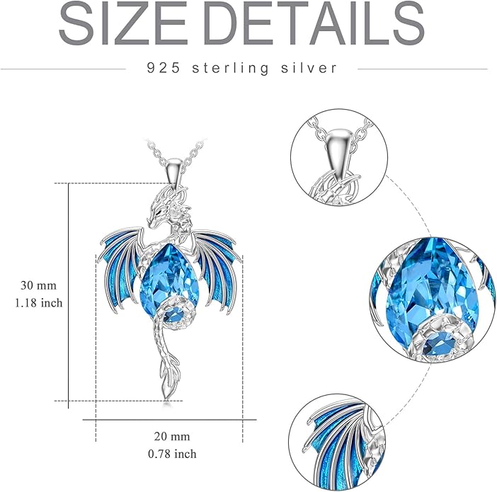Dragon Necklace for Men Sterling Silver Birthstone Wyvern Necklace Embllished with Teardrop Shaped Crystal Jewelry for Women