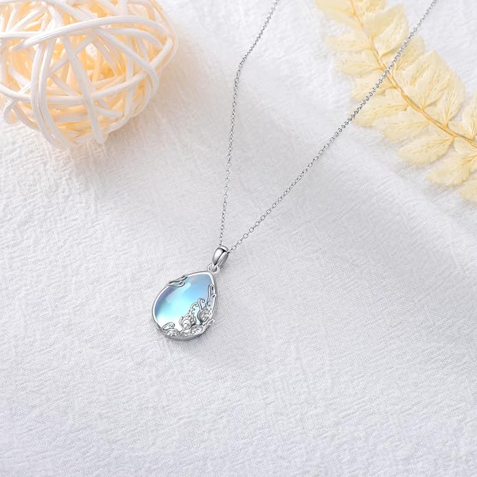 CRMAD Daisy/Black Cat/Dragonfly/Daffodil/Hummingbird/Stingray/Phoenix Feather/Rose Necklace Sterling Silver Moonstone Teardrop Pendant Necklace Flower Animal Jewelry Gifts for Women