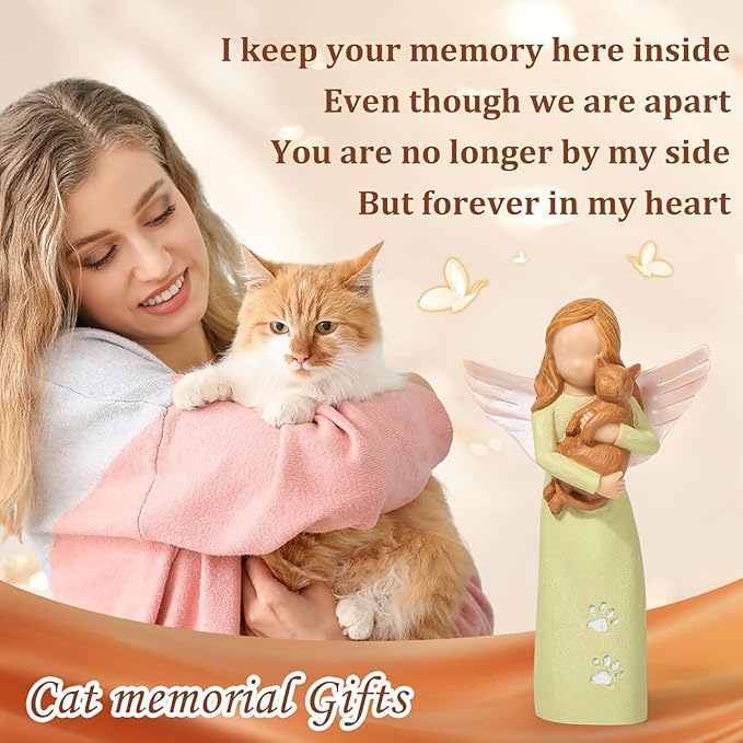 Cat Angel Friendship Statues for Lovers: Hand-Painted Figure - Lime Green Angel and Brown Cat