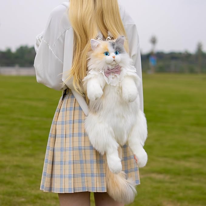 Chongker Cat Shaped Backpack, Stuffed Animals Backpack Toy, Cat Purse Realistic Plush Bag Crossbody Handbag with Adjustable Strap