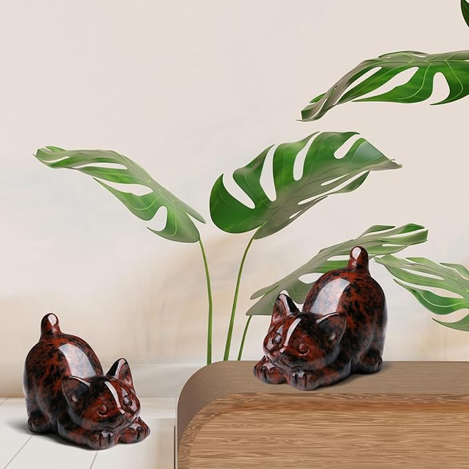 Red Obsidian Cat Crystal Statue Carved Room Decor Figurines for Natural Lazy Gemstones HomeCarved Sculpture Handcrafted Healing Stone Lucky Kitten Gifts for Cat Lovers