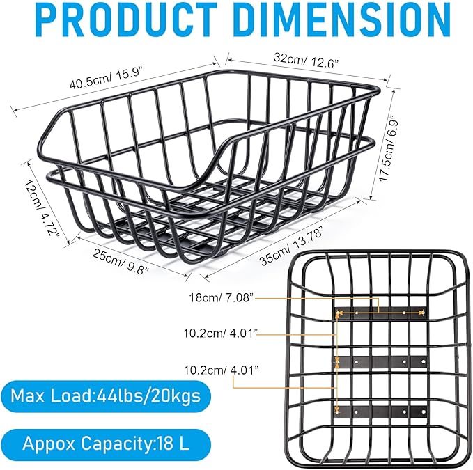 CXWXC Rear Bike Basket - Bicycle Rear Basket with Cargo Net and Waterproof Cover - Rear Mount Aluminium Bike Basket Large Capacity