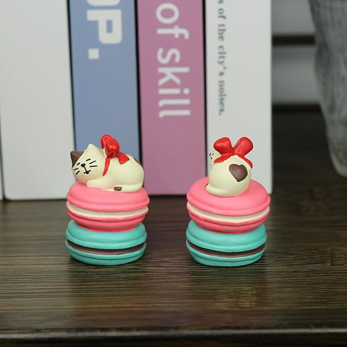 Cute Miniature Cat Figurine Resting on Macaron Resin Mini Cat Figures, Kitten Miniature Desk Accessories - Perfect Cute Cat Gift for Cat Lovers