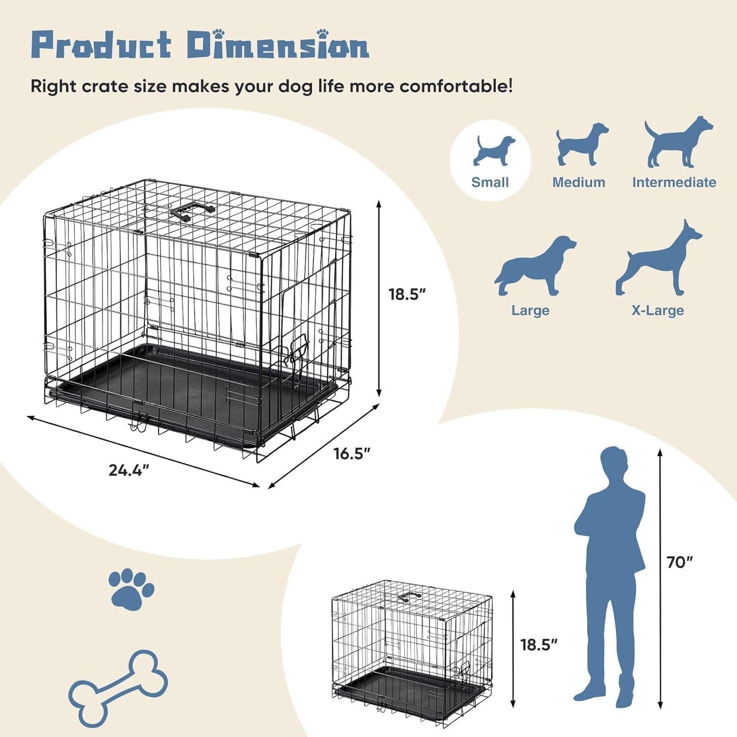 DUMOS Dog Crate, 24 Inch Small Single Door Dog Cage with Divider Panel and Plastic Leak-Proof Pan Tray, Folding Metal Wire Pet Kennel for Indoor, Outdoor, Travel