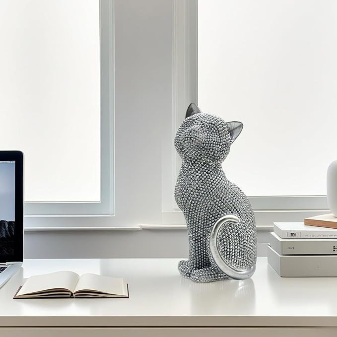 FUNSXBUG Decorative Cat Sitting Statue Art Figurines Sculpture Collectibles Home Office Desktop Decor Outdoor Garden Tabletop Display Decoration (Silver)