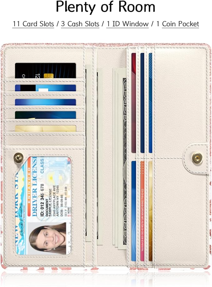 Nipichsha Womens Wallet, RFID Slim Wallets for Women, Thin Ladies Credit Card Holder Purse, Cute Leather Bifold Clutch Billfold with 11 Card Slots & ID Window, Pink Gilt