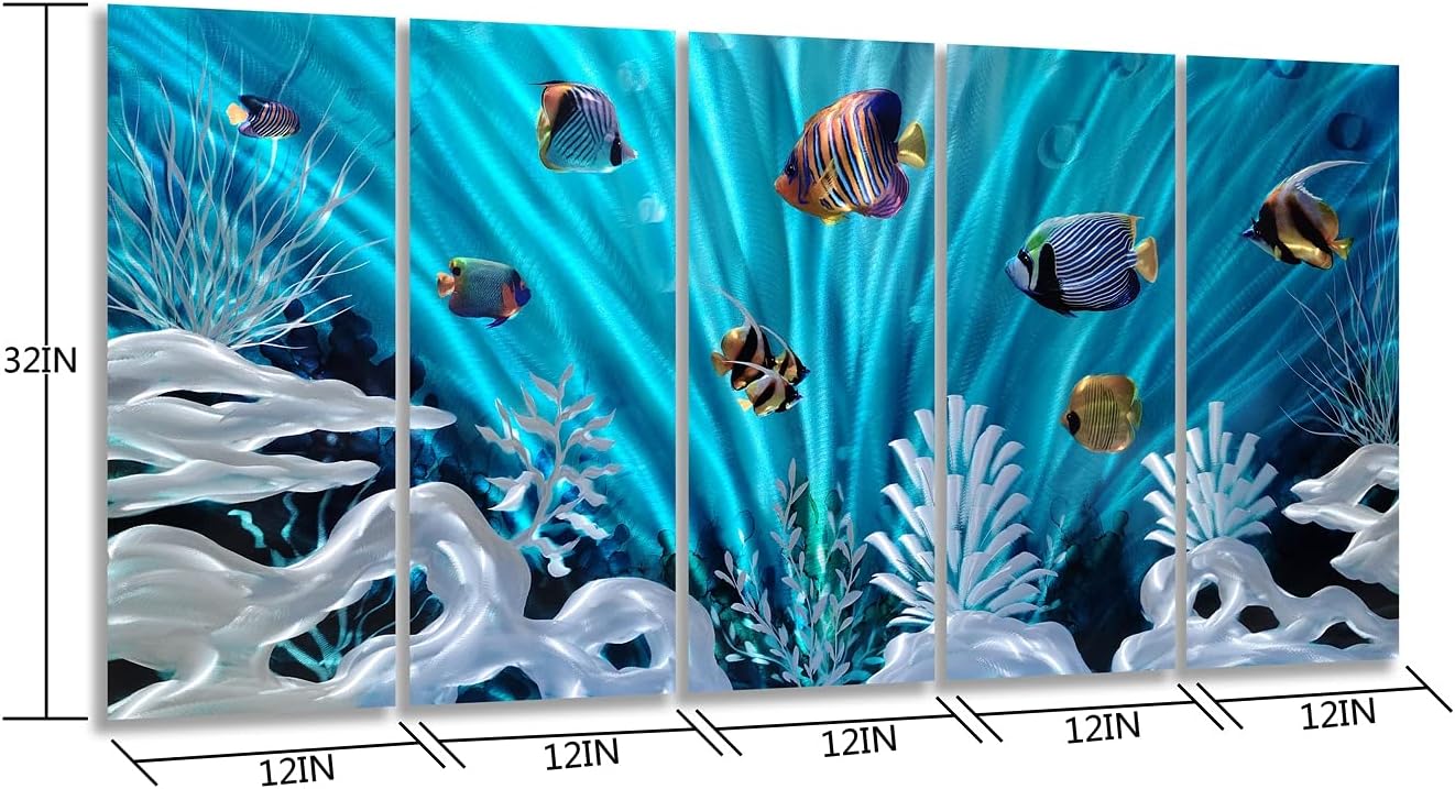 SYGALLERIER Fish Metal Wall Art Hand Crafted Large 3D Sea Life Pictures Modern Abstract Coastal Aluminum Artwork Contemporary Sculpture for Living Room Bedroom Dinning Decor
