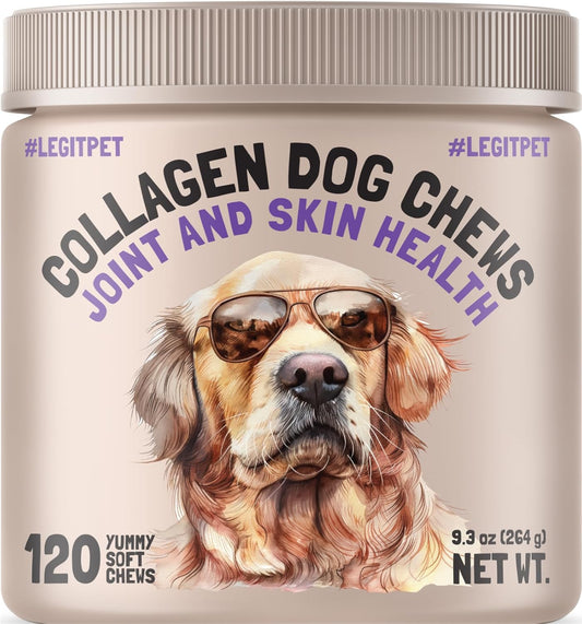 Collagen Dog Chews for Joint & Skin Health 120 Soft Chews All Breeds Mobility, Cartilage Repair & Pain Relief Hip & Joint Skin Coat Anti-inflammatory Support Eggshell Membrane Senior & Adult Dogs