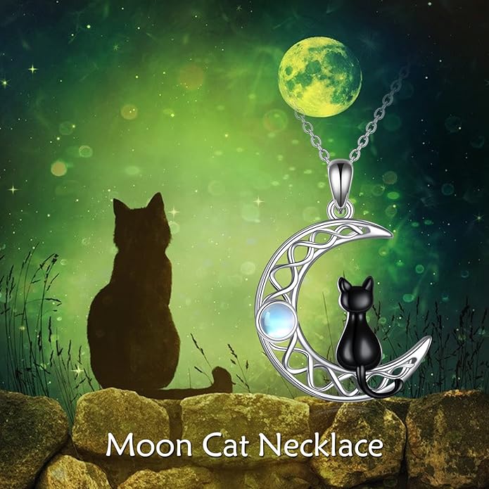 CRMAD Black Cat Necklace for Women Sterling Silver Moonstone Cat Jewelry Irish Gifts