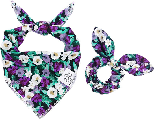 E-Clover Dog Bandanas & Matching Scrunchie Set Dog Bandana Scarf Bibs Washable Kerchief for Medium Large Dogs & Pet Owner Purple Halloween Accessories