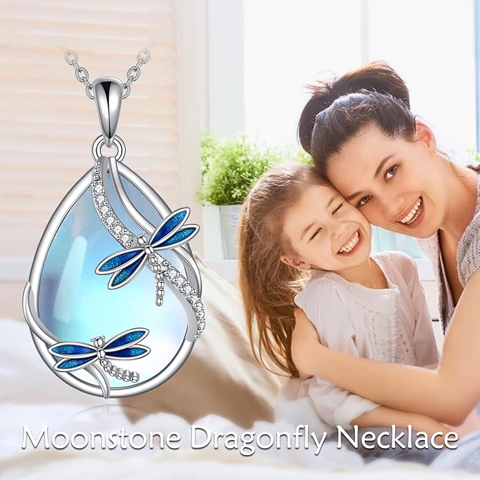 KQF Dragonfly/Butterlfy/Cat/Jellyfish/Bunny/Axolotl/Bee/Mermaid/Hummingbird/Elephant Necklace for Women Sterling Silver Moonstone Pendant Necklace Dragonfly Jewelry Gifts for Women