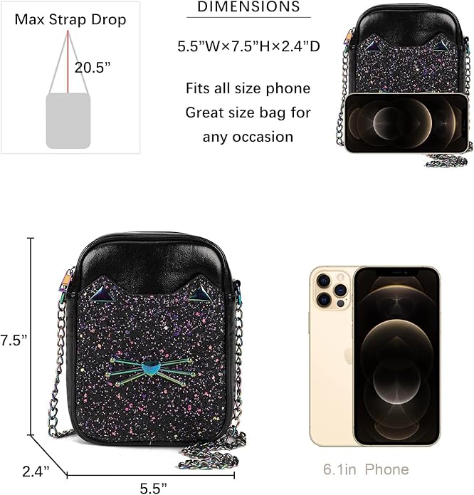 Cute Crossbody Purse for Teen Girls Sparkly Cat Purse and Small Crossbody Bags for Women Gift with Chain Strap