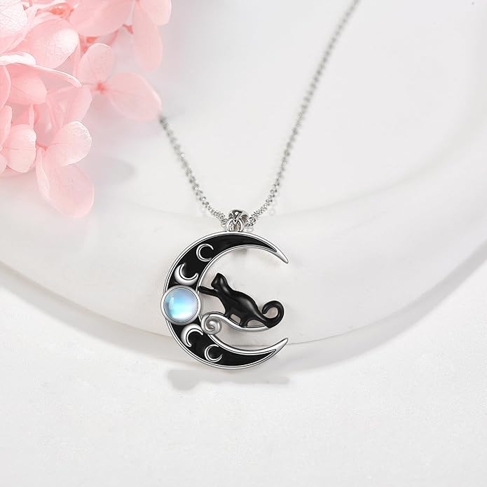 MONGAS Cat Necklace Sterling Silver Black Cat Pendant Necklace Black Cat Jewelry for Women