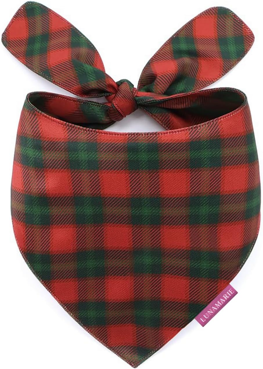 LunaMarie - Luxury Pet Birthday Bandanas -Premium & Silky Poly Fabric | 100% Handmade | Custom Shape Dual Layered (Jingle Plaid, Medium)