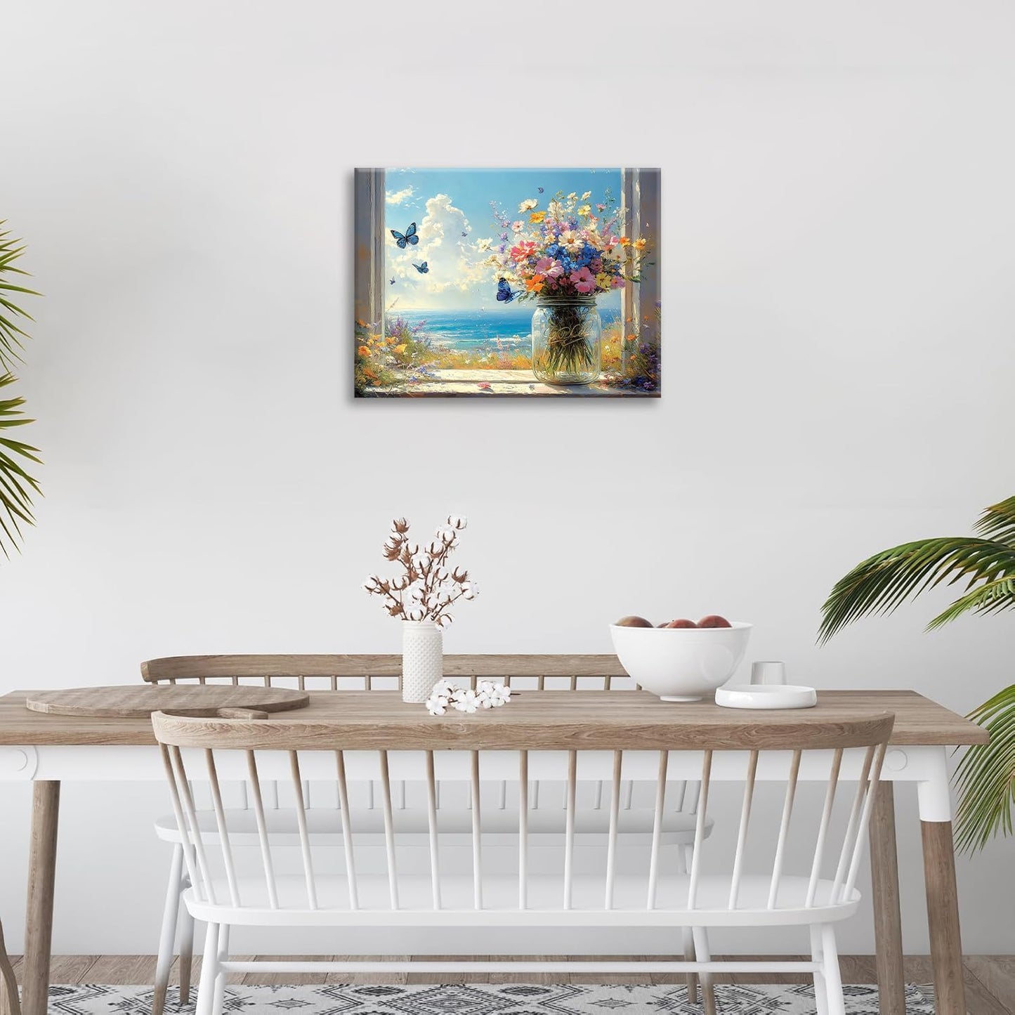 Beach Floral Bathroom Pictures Wall Art, Colorful Flower Bathroom Wall Decor, Coastal Ocean Framed Painting Canvas Artwork for Bedroom Living Room Decorations 16"L x 12"W