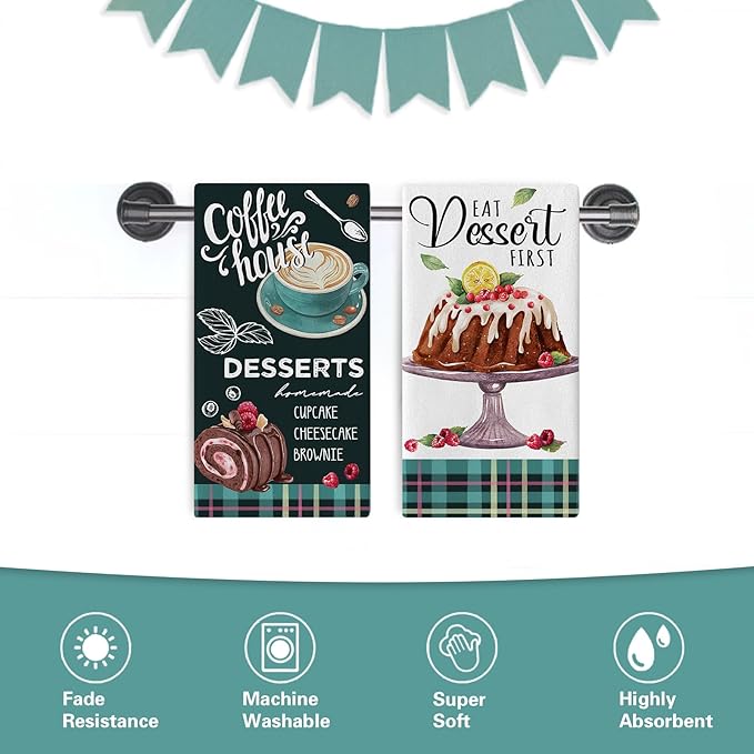 Eat Dessert First Kitchen Dish Towels Set of 2, Coffee House Drying Hand Towels Cupcake Cheesecake Brownie Baking Cooking Cloth, Plaid Farmhouse Home Kitchen Decoration 18 x 26 Inch
