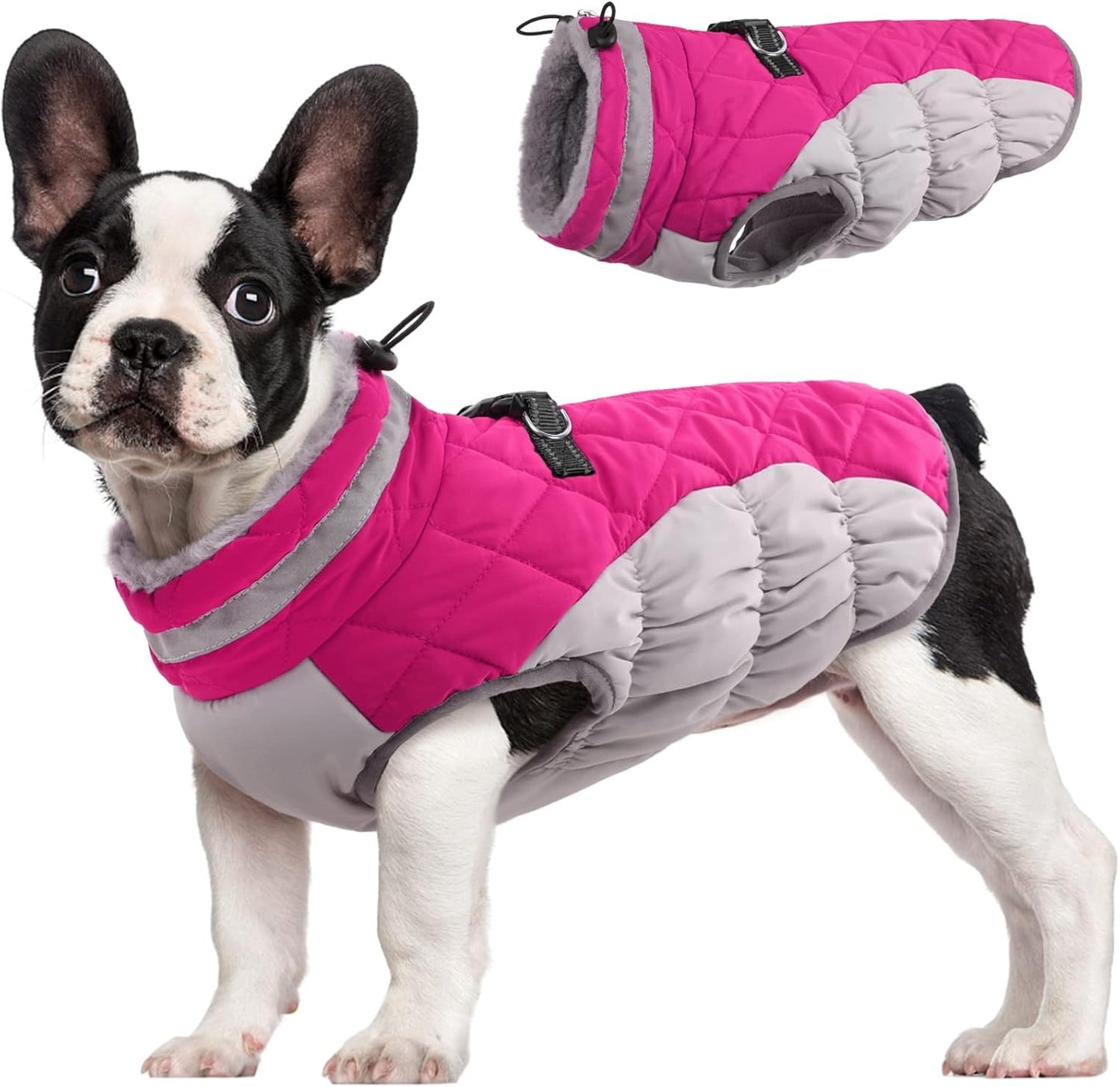 FUAMEY Dog Coat for Small Dogs,Waterproof Dog Winter Jacket with Harness Built in Puppy Cold Weather Coats Reflective Pet Vest with Zipper Warm Fleece Dogs Snowsuit Windproof Pink XS