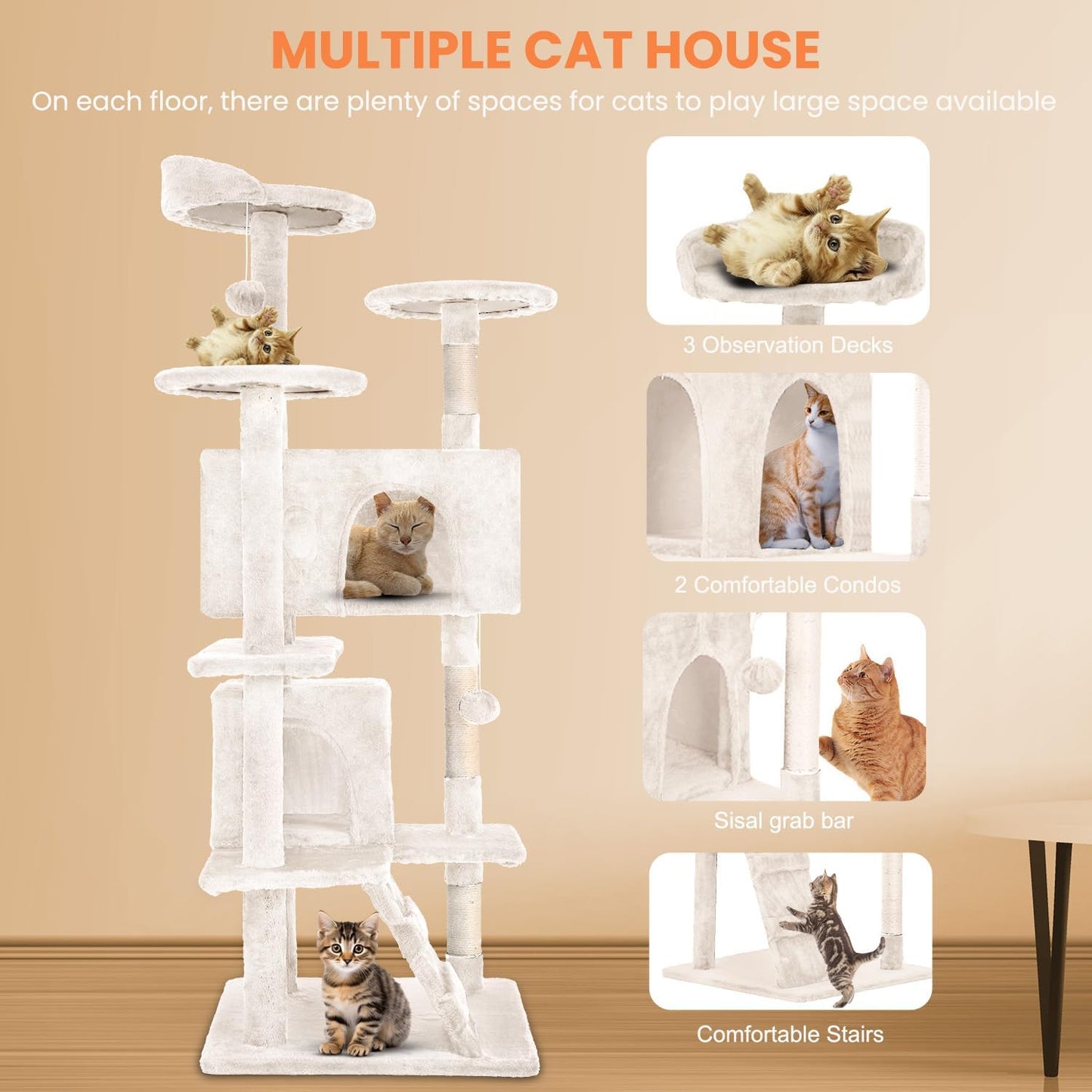 54.7 inches Cat Tower for Indoor Cats, Multi-Level Cat Condos with Scratching Posts, Hanging Toys, Beige