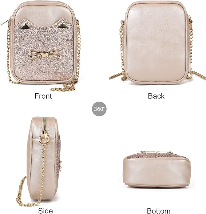 Cute Crossbody Purse for Teen Girls Sparkly Cat Purse and Small Crossbody Bags for Women Gift with Chain Strap