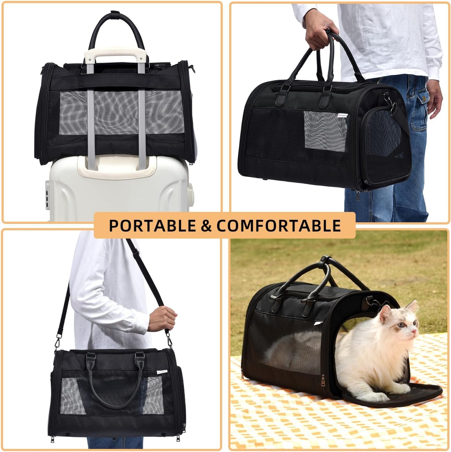 PET MARVEL Cat Carrier Soft Sided for Small Medium Cats Puppy up to 15 Lbs, Airline Approved Mesh Pet Travel Bag, Breathable Bite-Resistant Fabric with Removable Washable Mat
