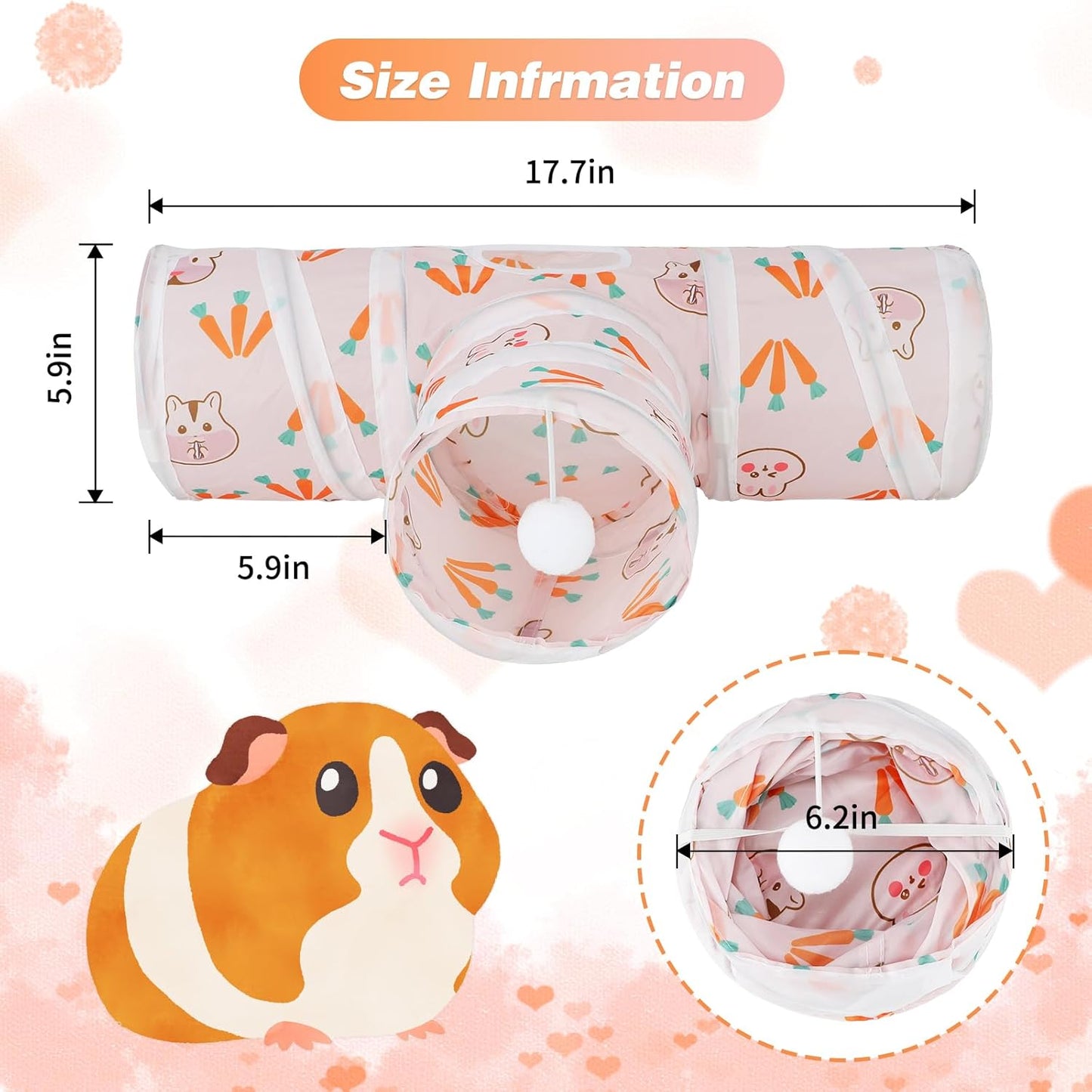 Rypet Guinea Pig Tunnel 3 Way Collapsible Small Pet Tunnels and Tubes with Interactive Ball for Baby Rabbit Ferret Hamster Chinchilla Hedgehog Hiding and Resting-White