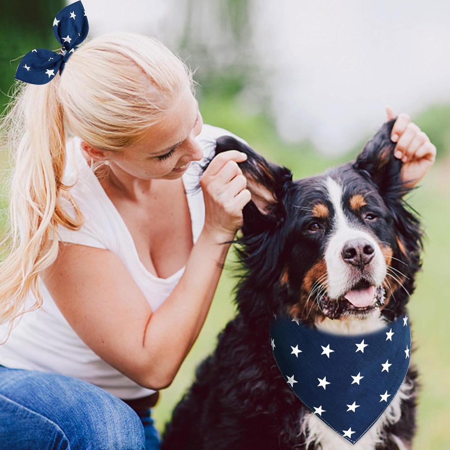 E-Clover 4th of July Dog Bandanas & Matching Scrunchie Set American Flag Dog Scarf Washable Patriotic Pet Bandana Triangle Kerchief Bibs for Medium Large Dogs Owner Gifts