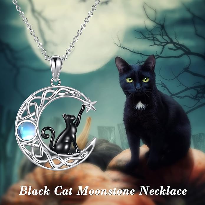 Celtic Moon Black Cat Necklace for Women - Abalone Tree of Life Sterling Silver Cat Lovers Jewelry