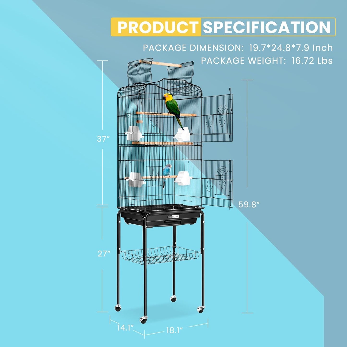 VIVOHOME 64 Inch Bird Cage with Play Top and Rolling Stand for Parrots Conures Lovebird Cockatiel Parakeets Black