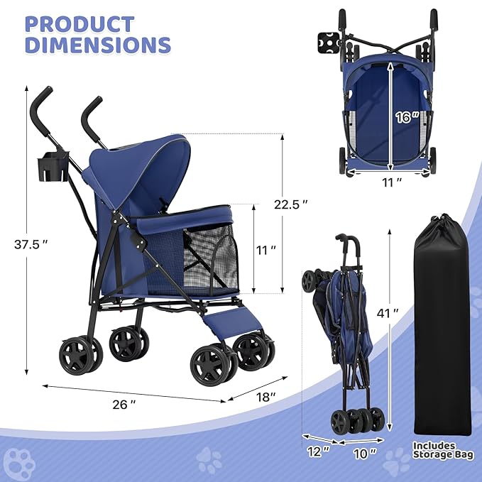 Magshion Compact Pet Stroller for Small-Medium Dogs/Cats up to 22lbs, 4-Wheel Lightweight Umbrella Shaped Portable Puppy Travel Jogger with Breathable Mesh, Cup Holder & Rear Storage, Navy Blue